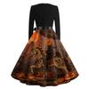 Women's Vintage Long Sleeve Square Neck Dress with Halloween Print for Party Evening Wear