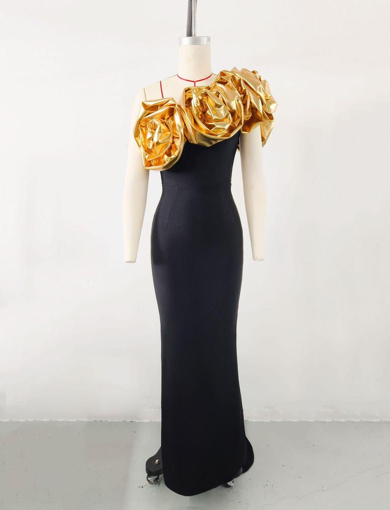 Elegant One-Shoulder Gold Flower Women's Banquet Dress (2026)