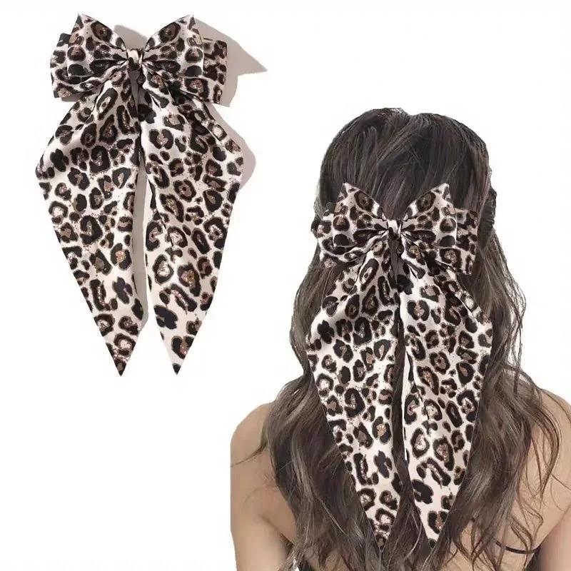 Vintage Leopard Print Bowknot Hairpin Long Ribbon Back Head Spring Clip Ponytail Headwear for Women Elegant Versatile Hairpin