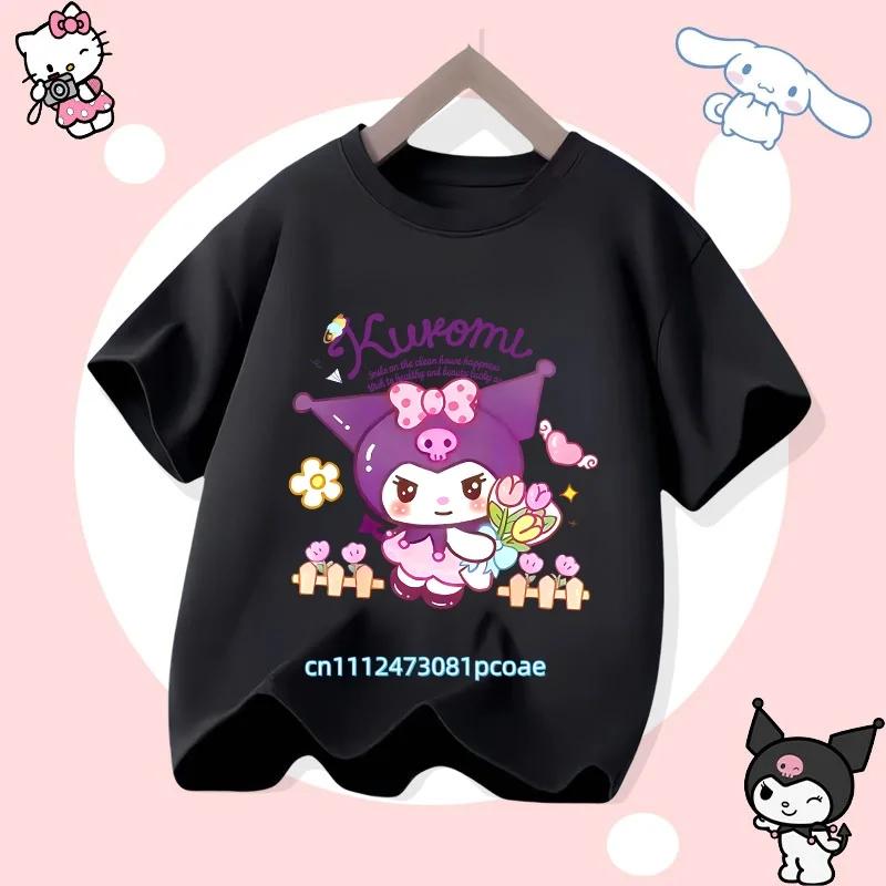 Kuromi Children's Pure Cotton Short-Sleeved Girls' Casual Shirt - Summer T-Shirt with Cartoon Print- Three Little Monkeys Series