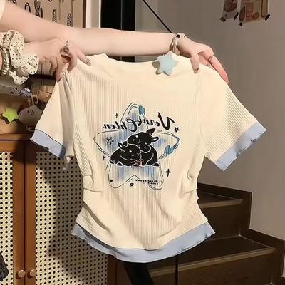 Girls Cute T-shirts Short Style Y2K Tees Sweat Round Neck Casual T-shirts For Women