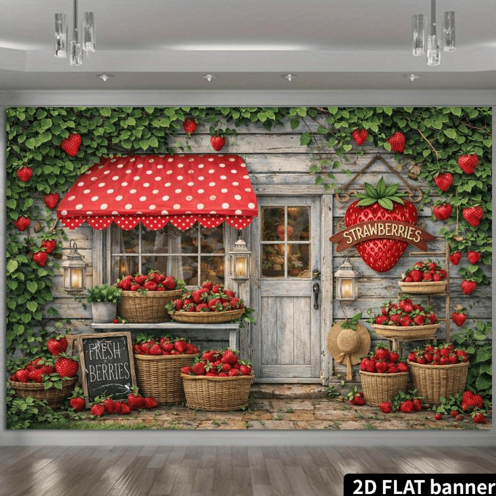 2D Flat Retro Wooden House Strawberry Shop Background Cloth, with Old Wooden Doors And Red Polka Dot Awnings,yzb