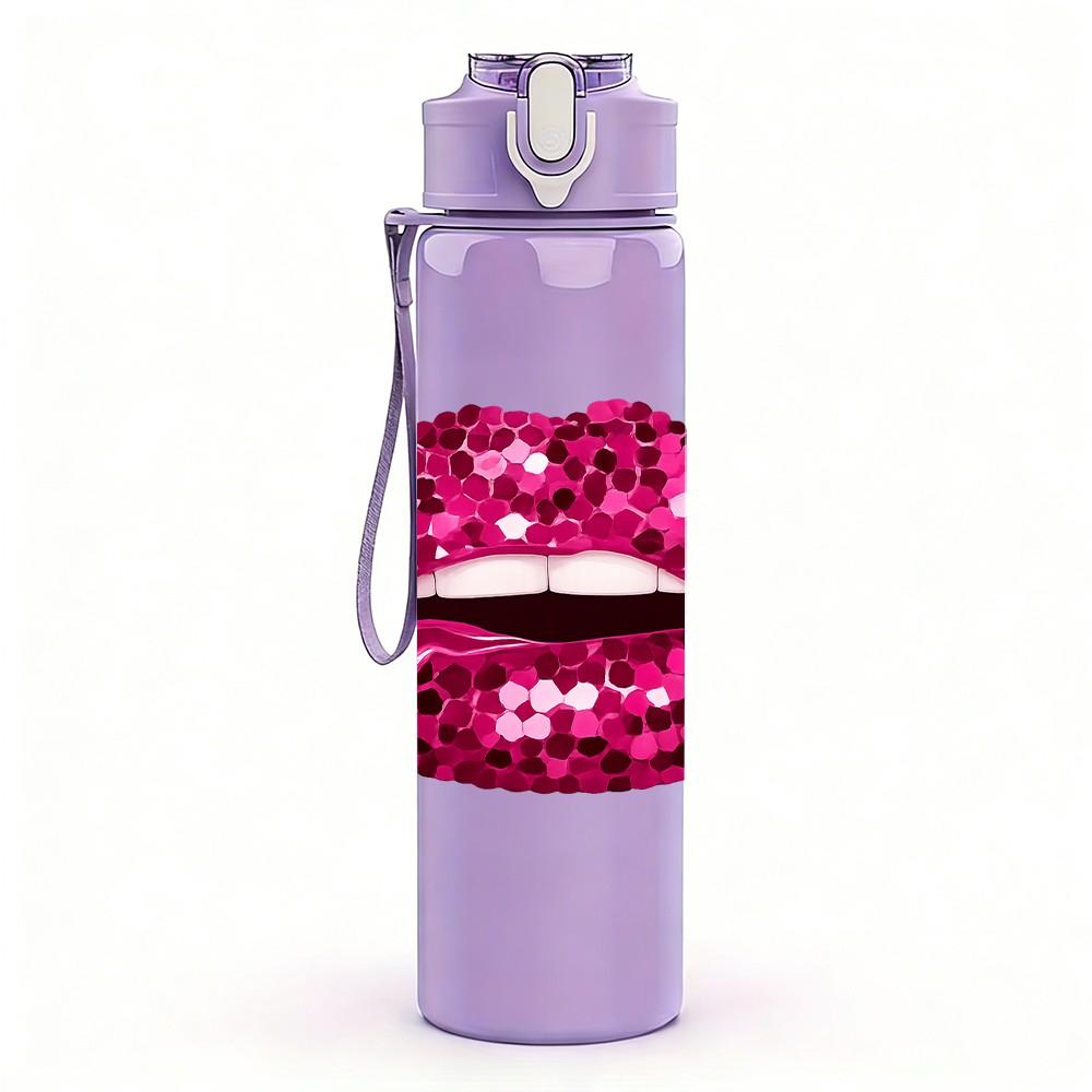 1PC Shiny Red Lips Lip Art Print 750ml Color Plastic Sports Water Bottle Leakproof Flip Straw Lid Suitable for Sports Office Home Use