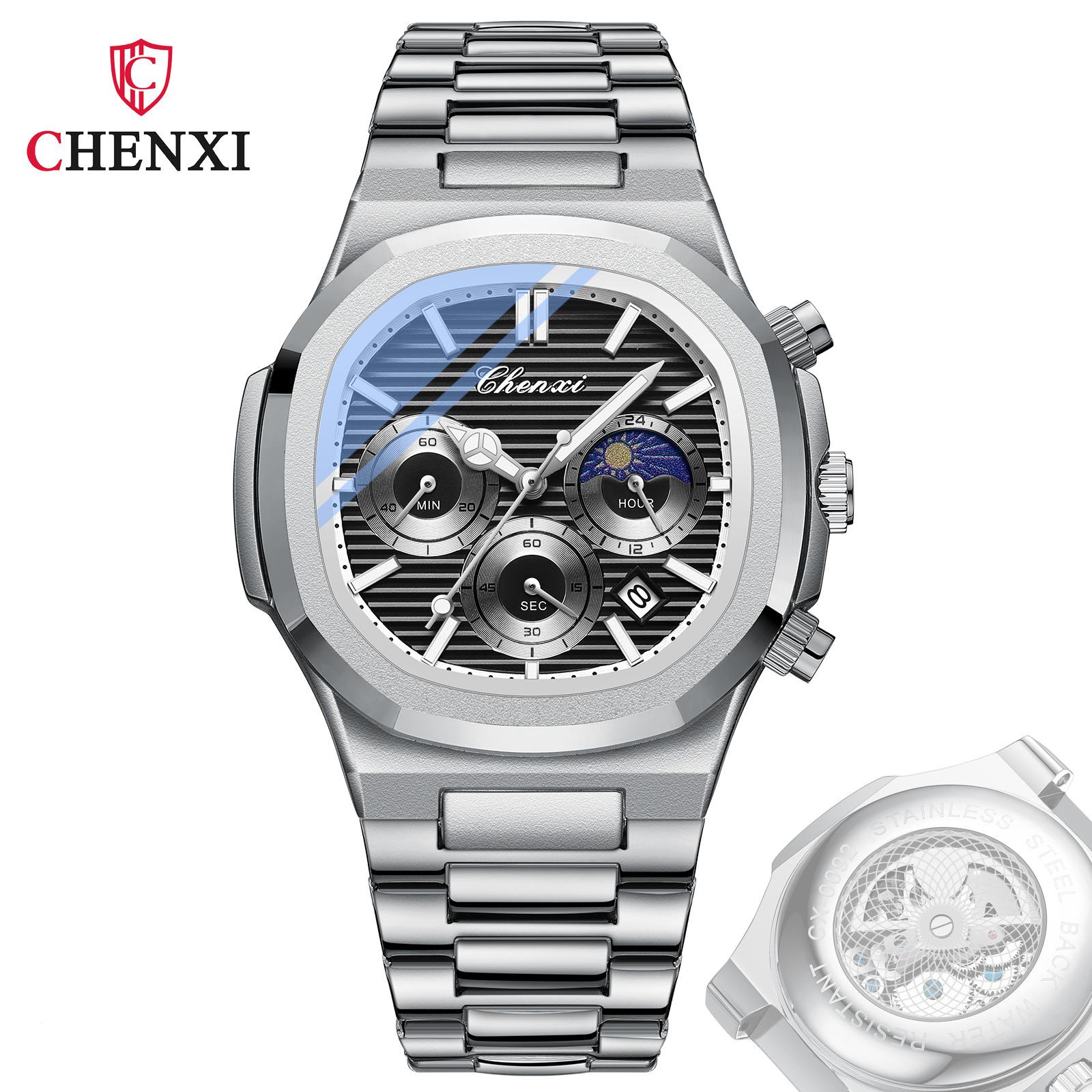 

CHENXI Модные кварцевые часы для мужчин, креативный указатель фазы Луны, роскошный люминесцентный циферблат с хронографом, мужские повседневные наручные часы чёрный