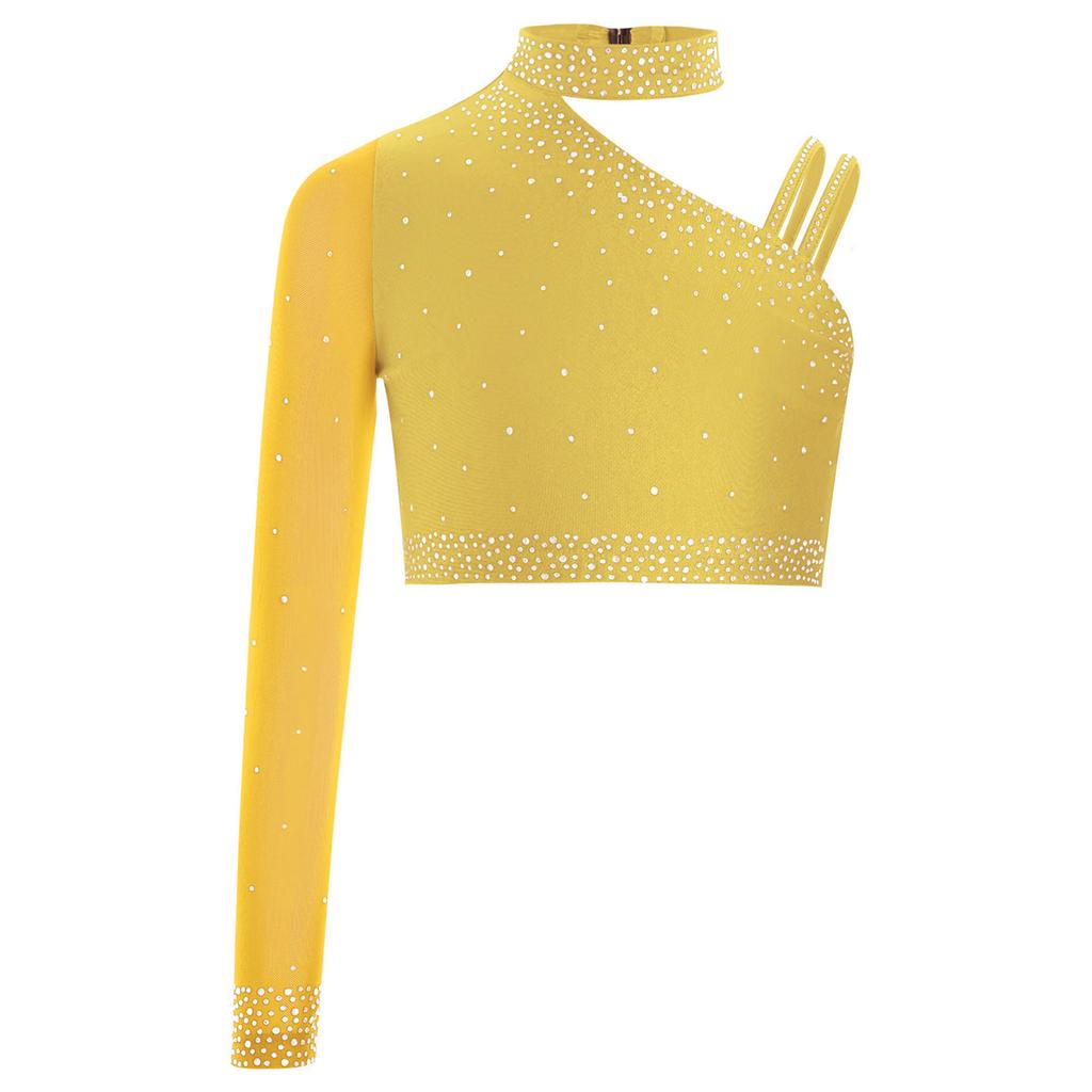 Mädchen Asymmetrisches Schulter Glitzernde Strasssteine Crop Top Tanzaufführung Bühnenkostüm