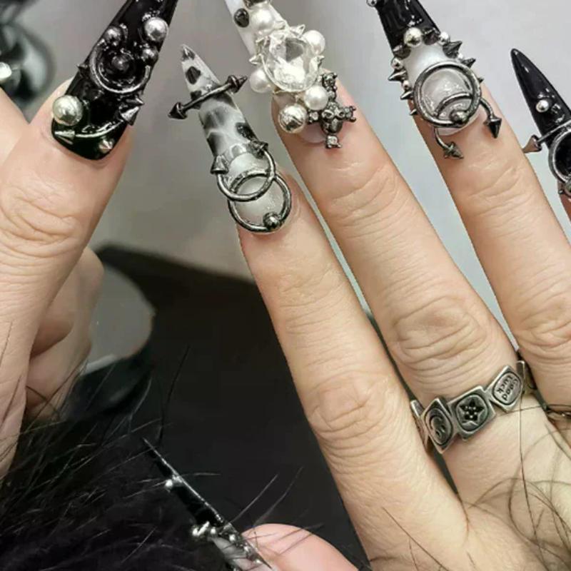 12 Grids Gothic Punk Retro Metal Nail Jewellery 3D Gold Silver Nail Rhinestone Accessories DIY Glamour Nail Decoration