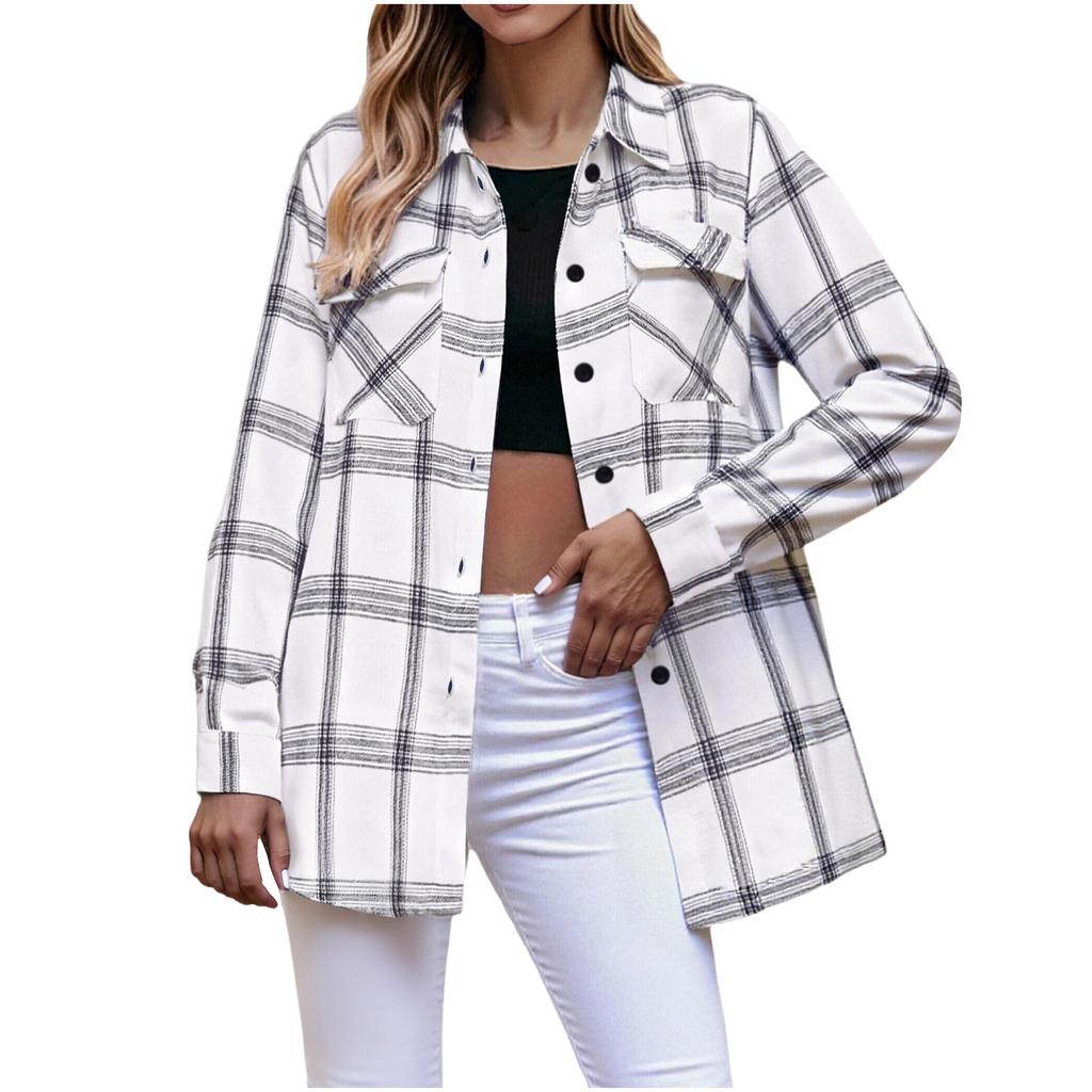 Women's Fashion Long-Sleeve Button-Down Plaid Shirt With Pockets