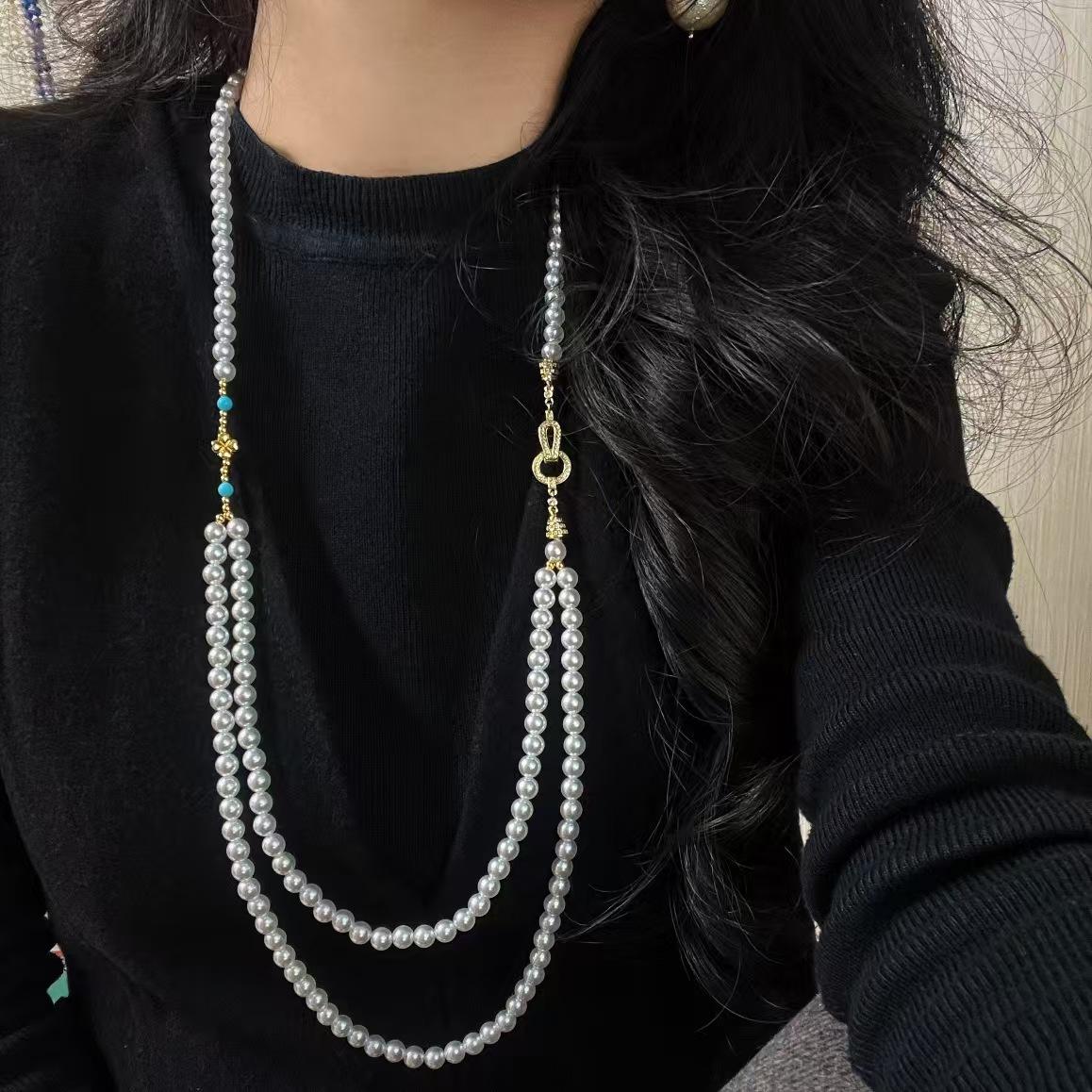

Vintage Faux Crystal Pearl Design Sweater Chain Necklace Collarbone Chain