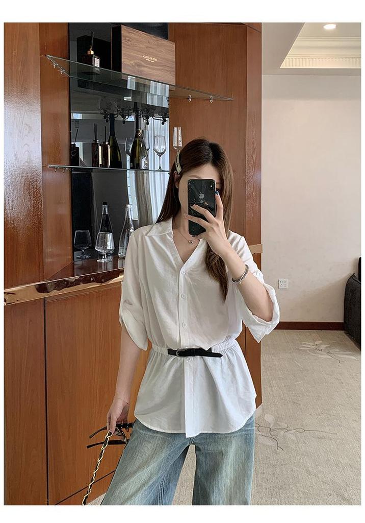 2026 Summer Plus Size Women's Korean Style Elegant Lapel Waist-Cinched Slim Shirt Top