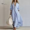 Comfortable Summer Dress Women Striped Long Sleeve Dress, V-Neck Collar Maxi Shirt Elegant for Autumn, Breathable Loose Fit Casual Retro