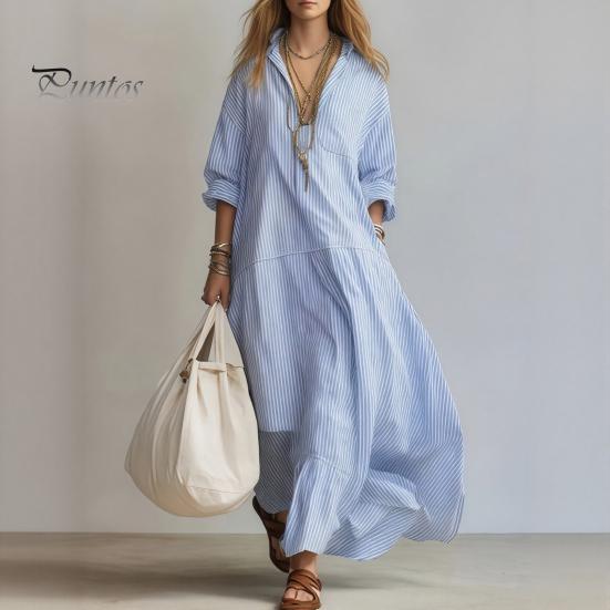 Comfortable Summer Dress Women Striped Long Sleeve Dress, V-Neck Collar Maxi Shirt Elegant for Autumn, Breathable Loose Fit Casual Retro