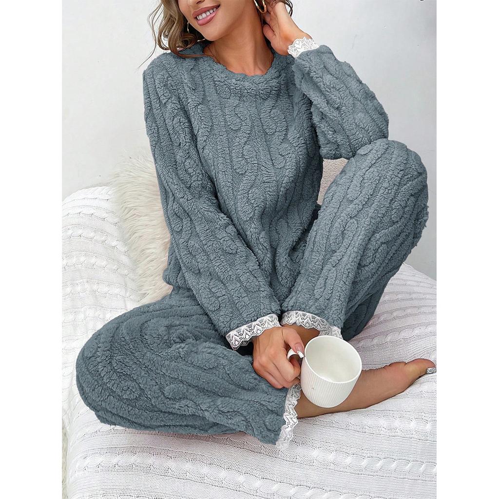 Autumn Winter Pajama Set for Women's Velvet Warm Casual Thick Tops and Long Trousers Set Home Wear Sleepwear Loungewear