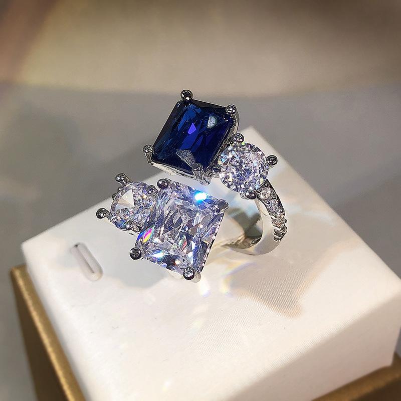 Luxury high carbon diamond ice flower cut engagement ring female  silver dark blue zircon irregular opening ring party gift