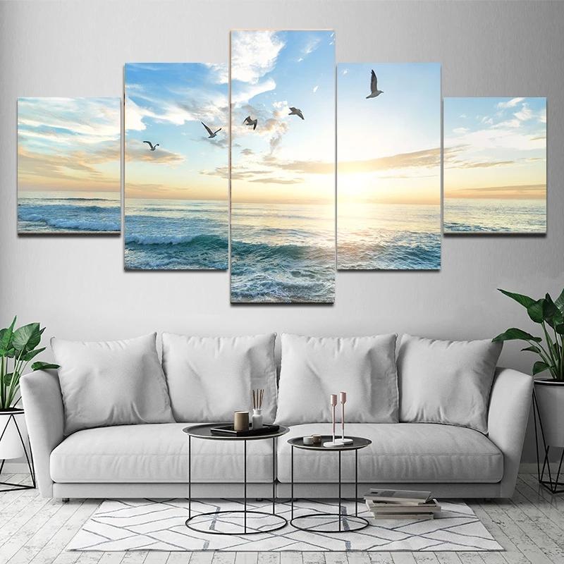 5 Pieces Natural Blue Beach Sunset Landscape Canvas Painting Seascape Posters And Prints Wall Art Pictures Home Decor No Frame