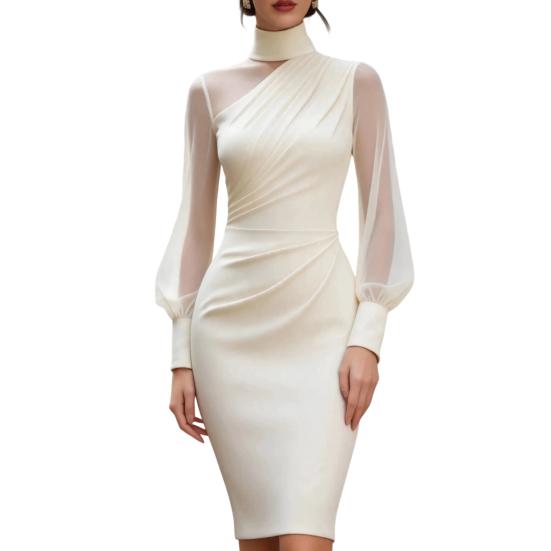 Women s Mesh Sheer Long Sleeve Mini Dress Ruched Bodycon Mock Neck Party Cocktail S абрикосовый