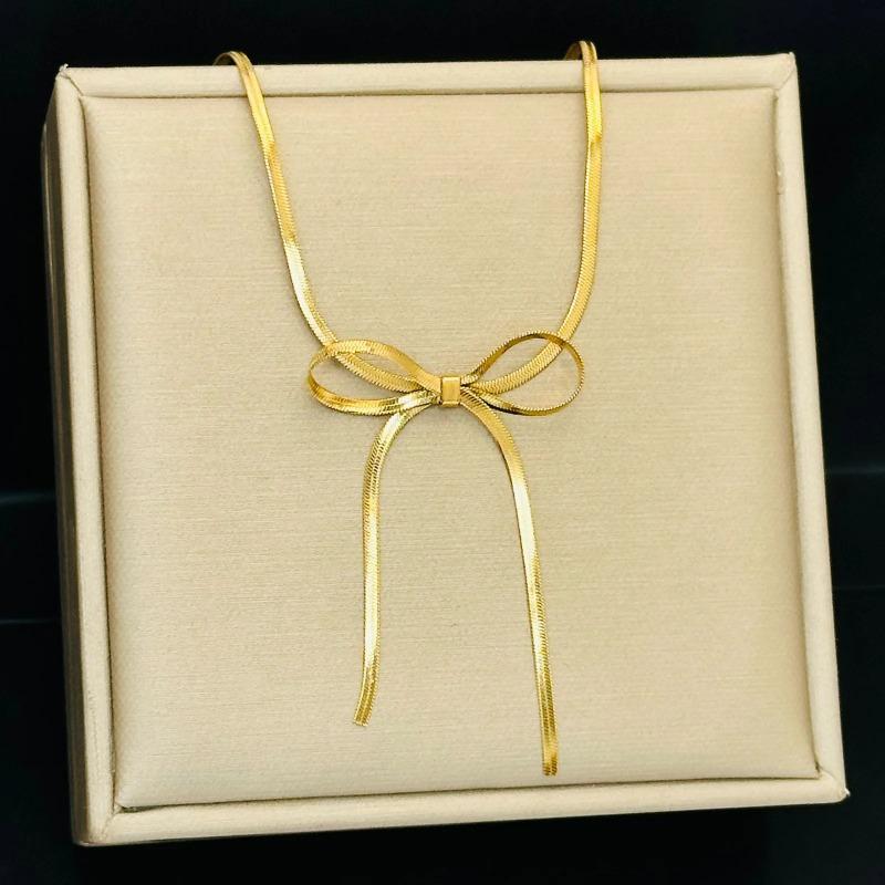 L316 Stainless Steel Beads Chain Hollow Bowknot Pendant Necklace for Women Niche Simple Jewery Accessory