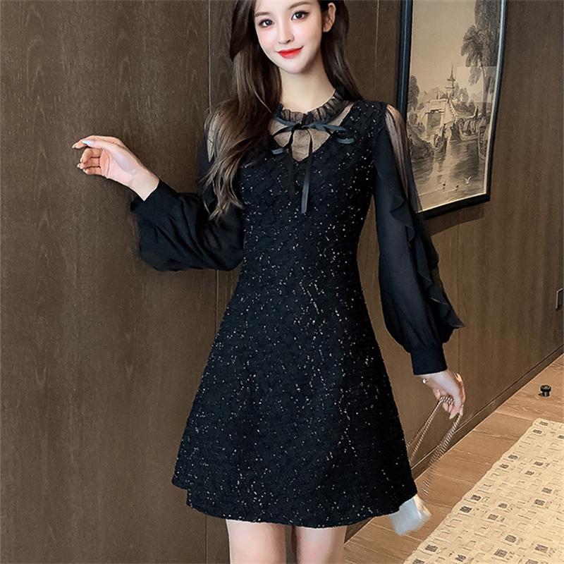 Long Sleeve Dresses Women Black Lace Patchwork Casual Office Ladies Elegant Slim Party Spring Vestidoes Chic Mid-Calf Vintage