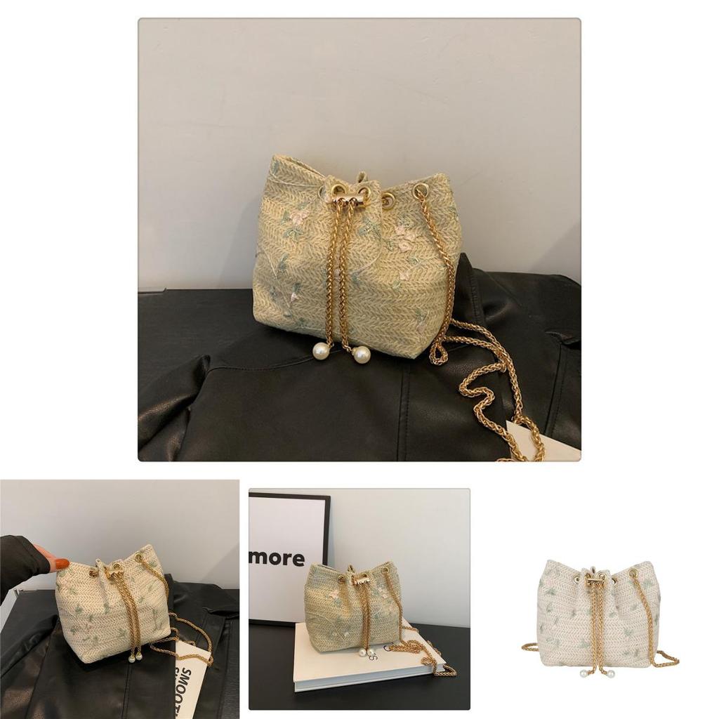 Literary National Style Large Straw Woven Drawstring Shoulder Bag With Chain