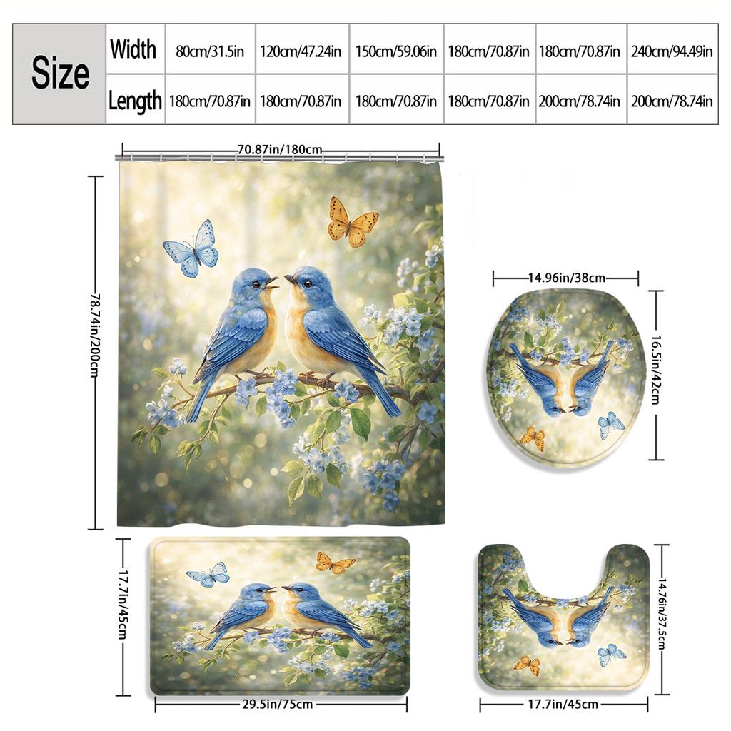 4Pcs 2D Flat Blue Birds And Butterflies Shower Curtain Set with Non-Slip Bath Mat, Toilet Lid Cover, Contour Rug & 12 Hooks, Bathroom Decor