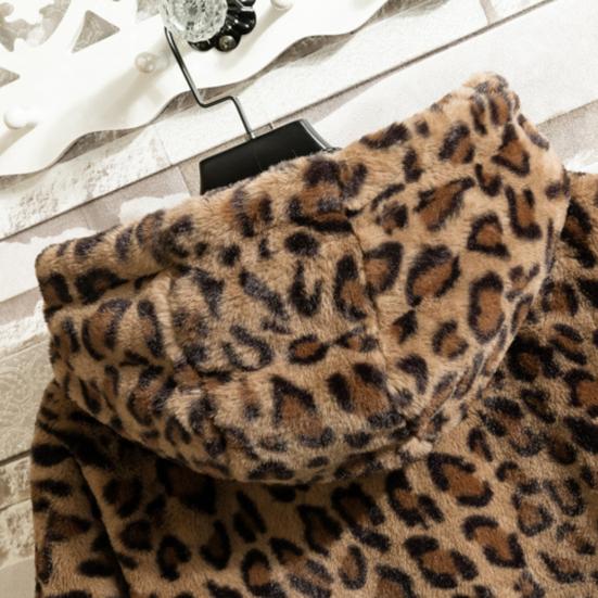 Leopard Print Long Sleeve Pockets Zipper Closure Men Coat Winter Thickened Double-sided Plush Hooded Outerwear