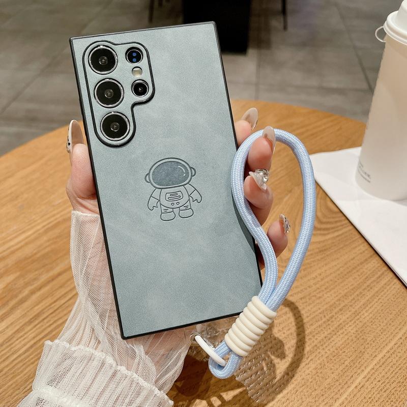 

Тонкий кожаный чехол для телефона Samsung S25 Edge S24 FE S23 Ultra S22 A56 A36 A55 A16 A15 Astronaut, матовый противоударный чехол-бампер с мягким шнурком Samsung A52 светло-синий