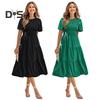 Women's Short Sleeve Smocked Midi Dress Summer Crew Neck Pleated Long Dress Casual Tiered Flowy A-line Dress