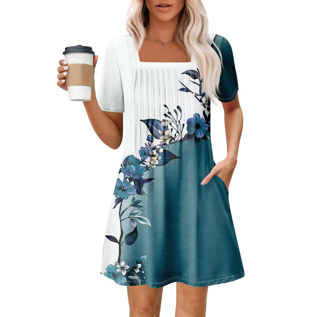 Rochii cu mânecă scurtă, cu mânecă scurtă, cu buzunare, cu gât pătrat, ocazional de vară