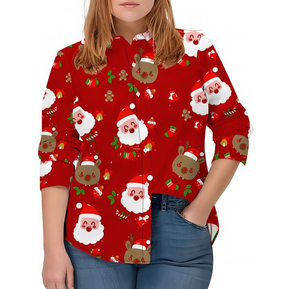 Large Size Women's Long Sleeve Shirt Christmas Style Pattern Loose Printed Shirt Santa Elements