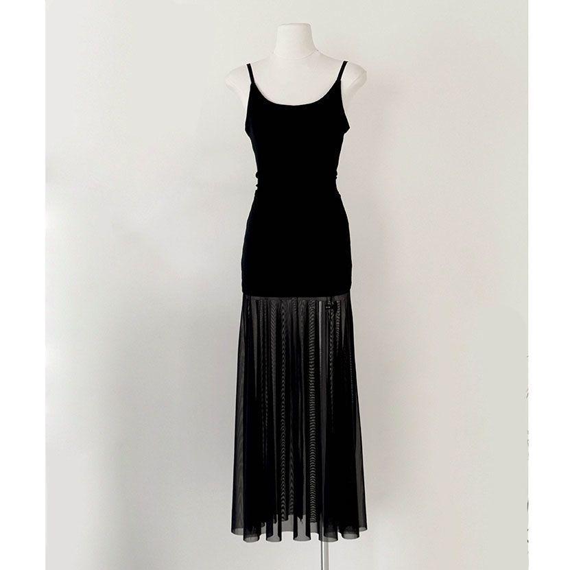 Black Mesh Patchwork Backless Spaghetti Strap Dress for Women, Summer Slimming Slimming Hip-hugging Fishtail French Long Dress
