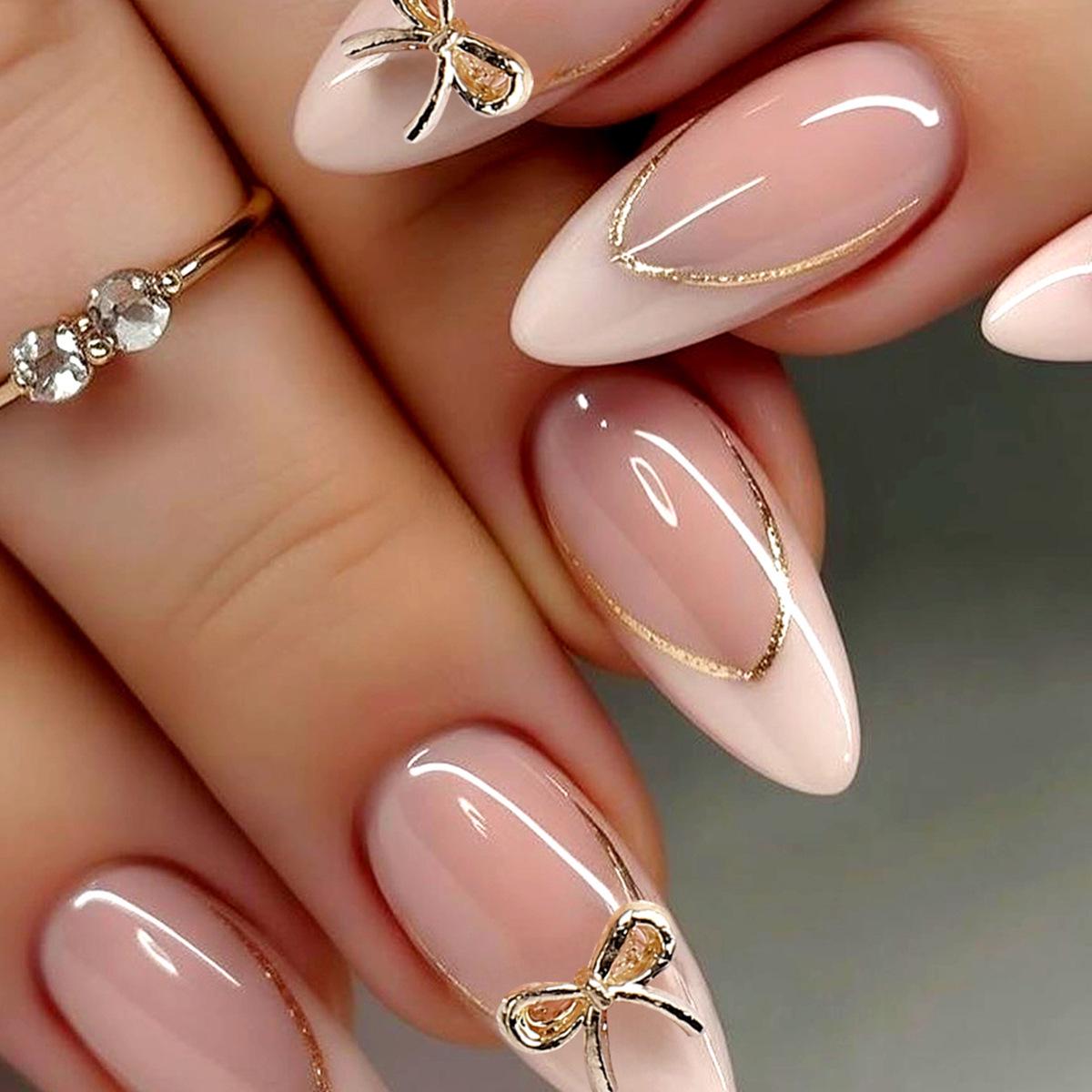 European & American Nude Pink Bowknot Almond French Nails with Gold Edge