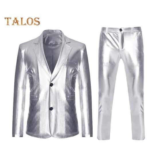 

2 шт./компл. мужской костюм пальто брюки комплект лацкан длинный рукав однобортный костюм пиджак длинные брюки комплект золотой штампованный деловой костюм XL серебряный