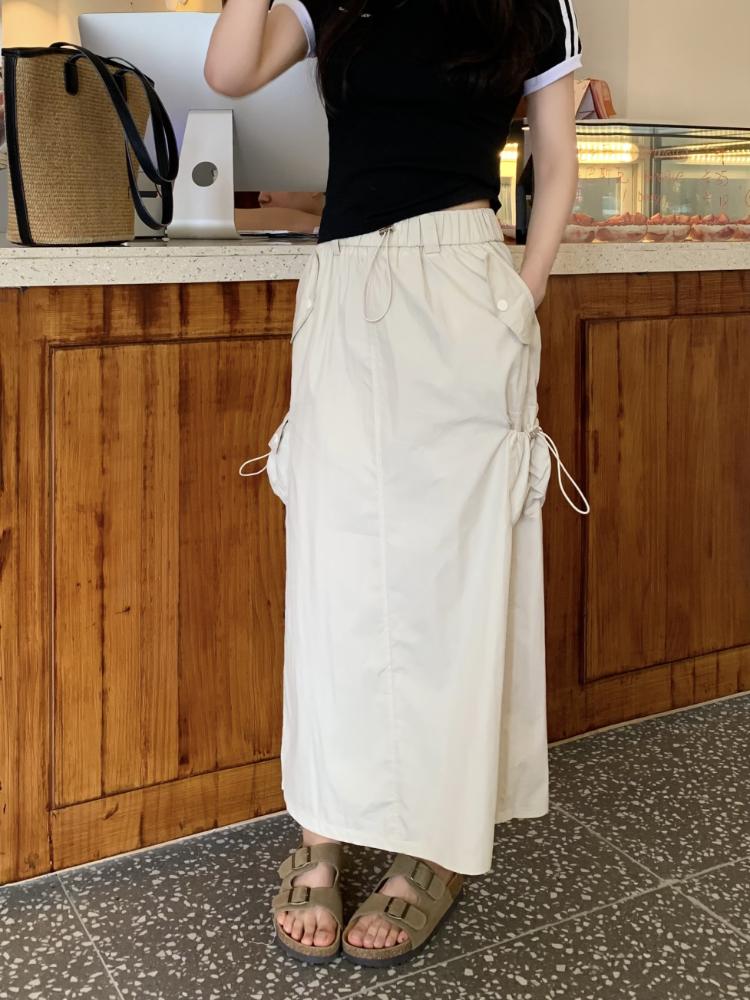 Chic Drawstring Pocket Design Cargo Skirt Women Summer Retro High Waist Gyaru Split Long Skirts Harajuku Fashion Streetwear New