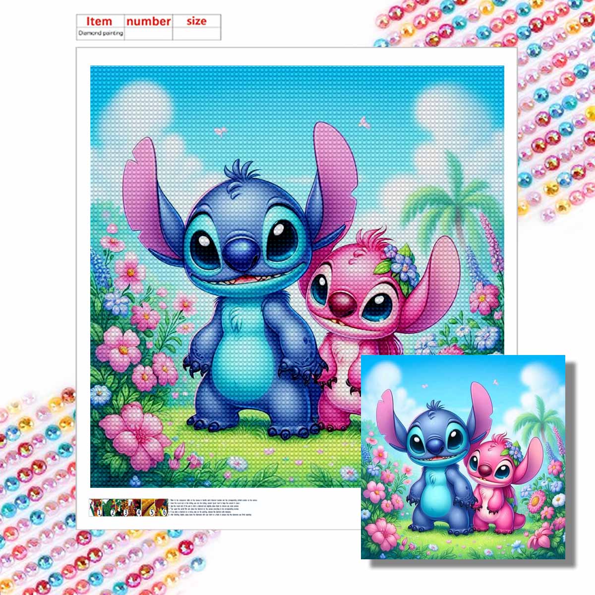 

5D DIY Diamond Painting Decorative Stitch and His Girlfriend Full Round Drill Scenery Diamond Embroidery Cross Stitch Kits Home Decor Gift Round 20x20cm