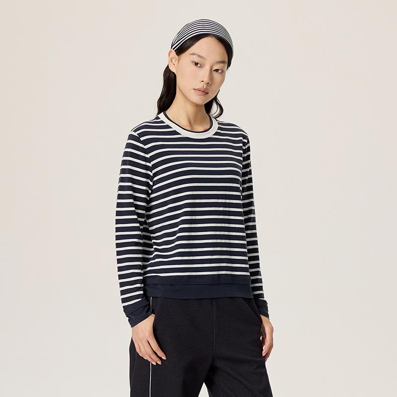 Merino Wool Tencel Striped Two-Piece Casual Long Sleeve T-Shirt