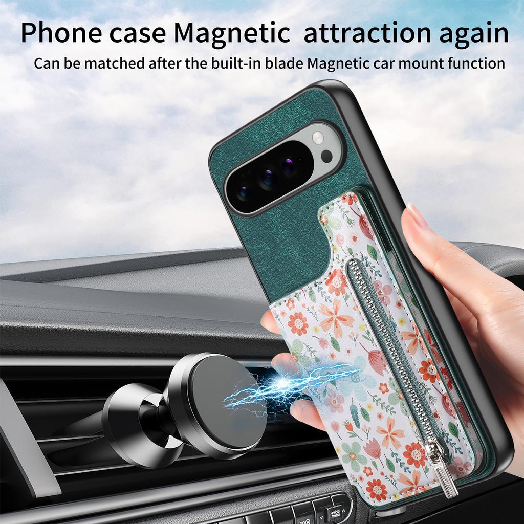 For Google Pixel 10 Pro XL Leather Phone Cover with RFID Blocking Zipper Card Bag Kickstand