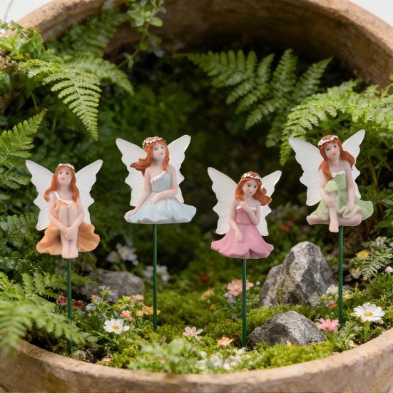 4 Pcs Fairy Garden Stake, Outdoor Resin Angel Figurine with Delicate Wings & Colorful Dress, Rust-Proof Metal Stake for Plant Pots,