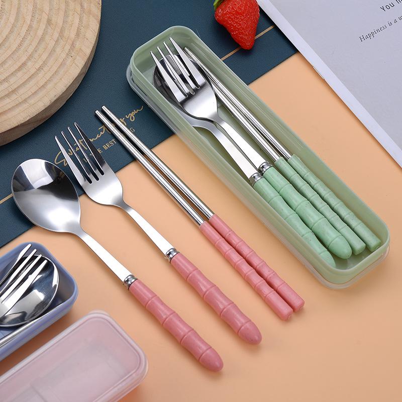 Portable Stainless Steel Cutlery Set: Bamboo Handle Spoon, Fork & Chopsticks for Office & Travel