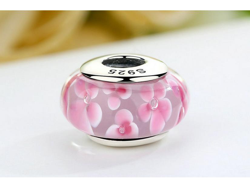 Korean Hot-Selling 925 Sterling Silver Pink Flower Glass Bracelet Beads SCZ008