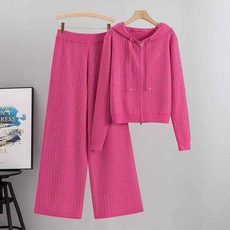 Conjunto de Calças de Perna Larga e Cardigã de Malha com Capuz - Moda Europeia Feminina Casual Outono/Inverno com Detalhes em Strass