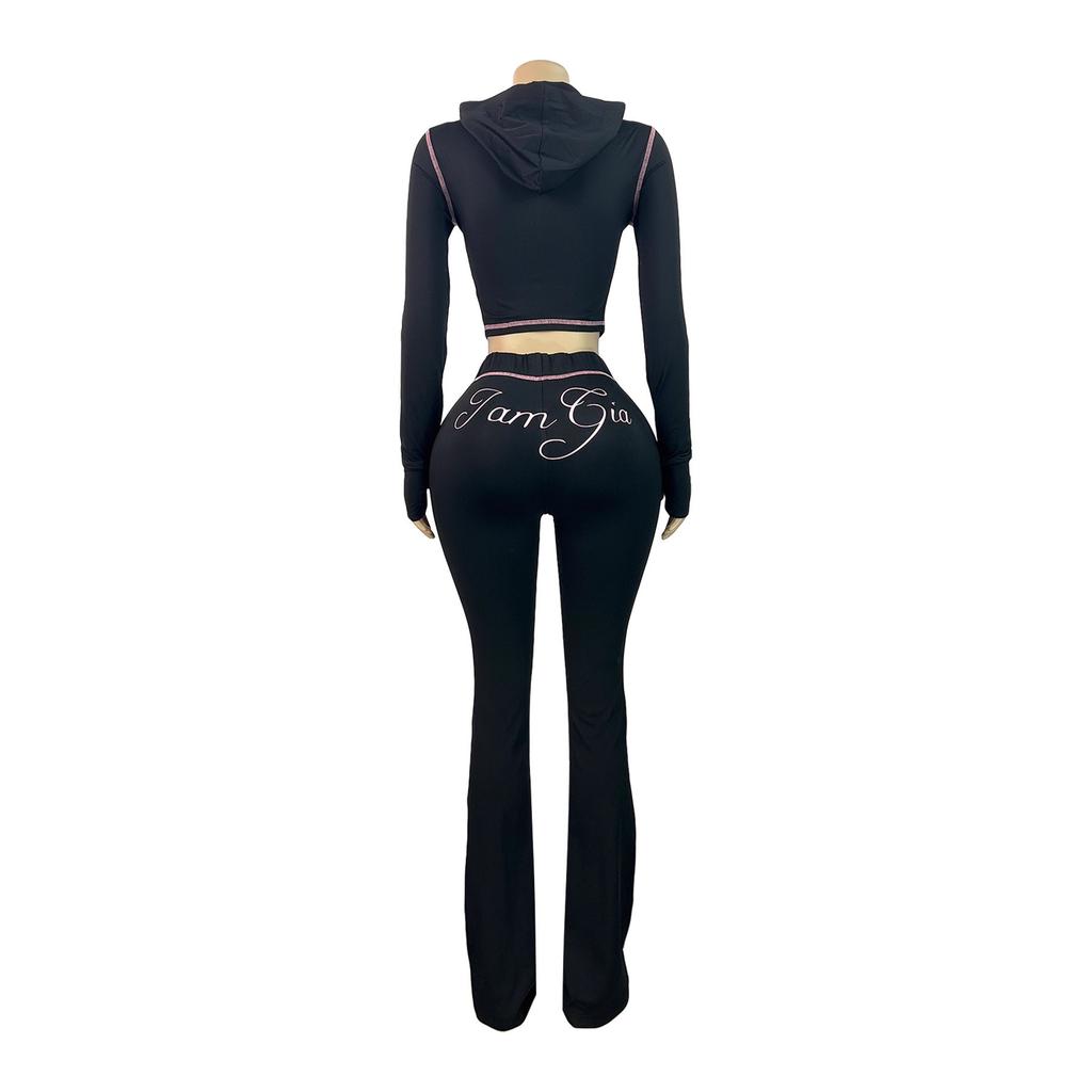 Women's Long Sleeve Cropped Tracksuit Set with Flare Pants