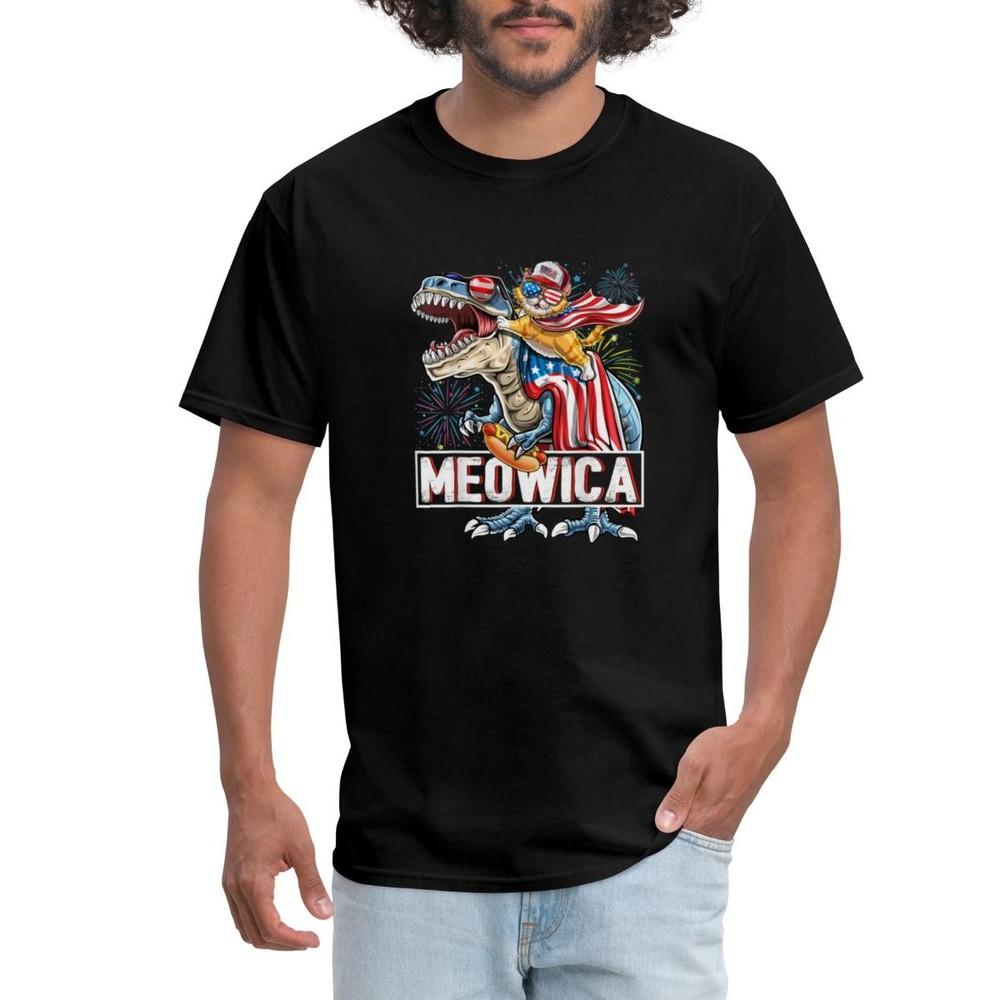 Meowica American Flag Cat Dinosaur 4th Of July Men s T-Shirt Unisex T-Shirt XXXXL