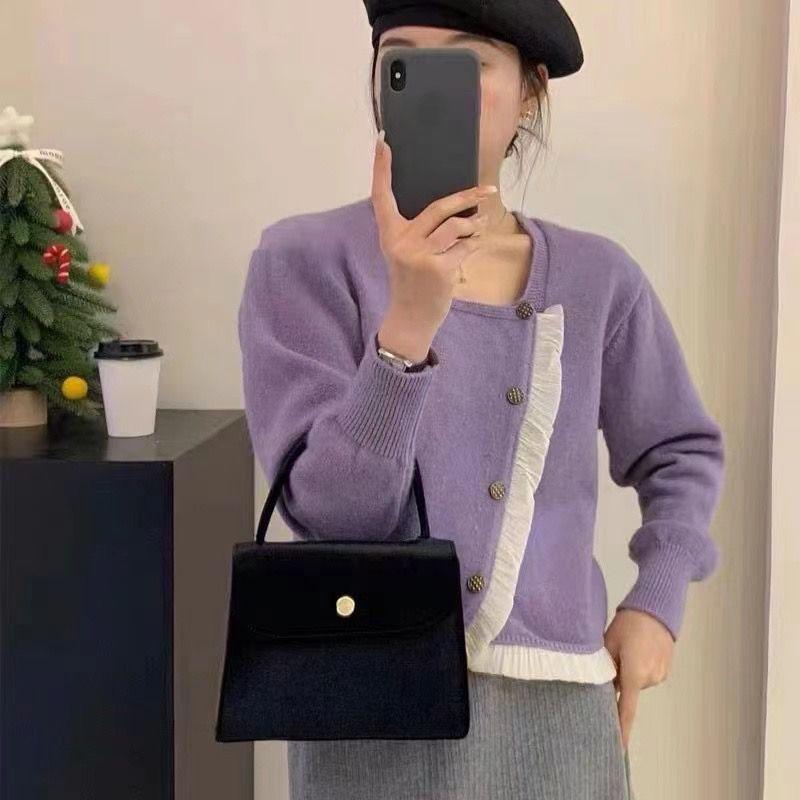 Korejský svetr dámský design krátký pletený svetr svetr dámské podzimní a zimní dlouhý rukáv krajkové prošívání svetr do výklenku dámské