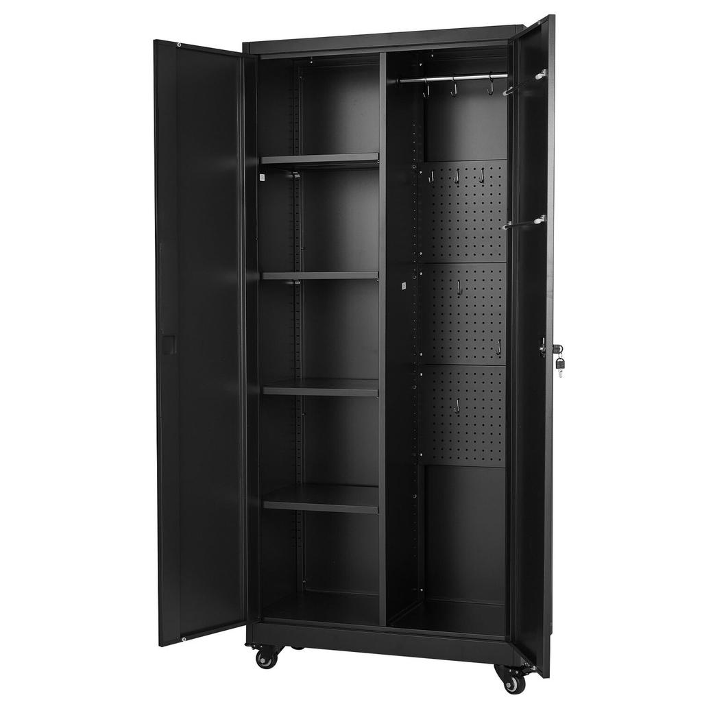 Metal Storage Cabinet, 179.5 cm Rolling Steel Garage Cabinet with Adjustable Shelves, 2 Magnetic Doors, Hanging Rod & 3 Rod Hooks, 5 Tiers Lockable