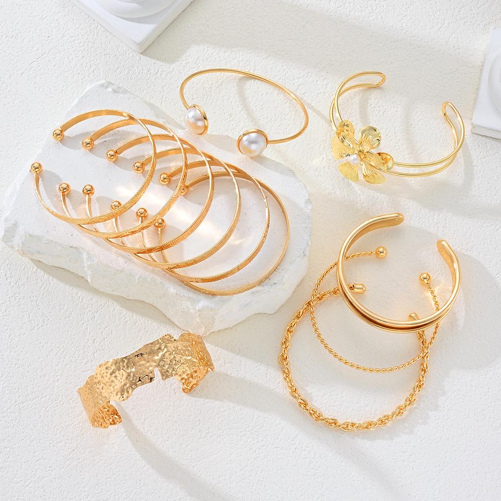 12 Pcs/Set Elegant Vintage Irregular Striped Flower Pearl Twist Metal Bangle Bracelet for Women Daily Party Vacation Jewelry New