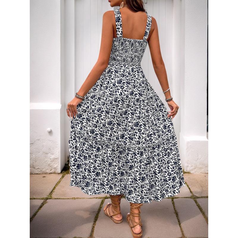 VEZFAA Damenmode Sommer Frühling Blumenmuster Druck Ärmellose Hosenträger Hohe Taille Freizeitkleider