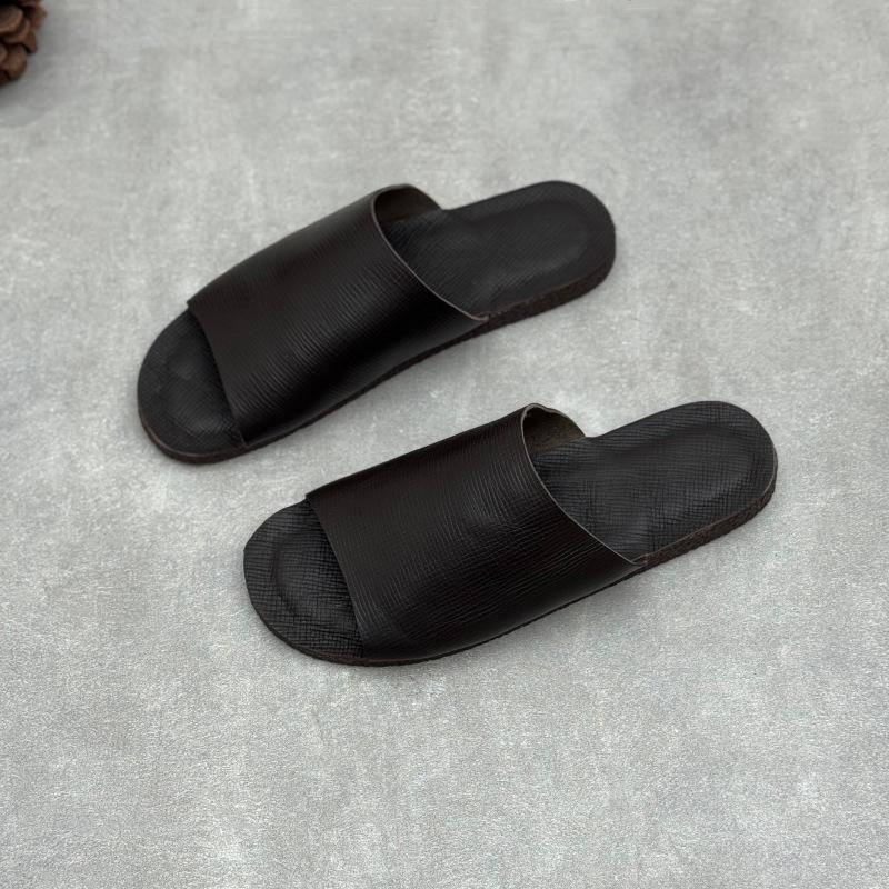 Johnature Retro Genuine Leather Flat Slippers Leisure Versatile Peep Toe Soft Sole Women's Outdoor Slides