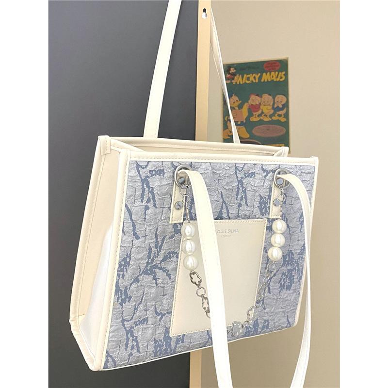 Fashion PU Leather Contrast Color Tote Bags Luxury Large Capacity Women's Shoulder Bag Leisure Pearl Chain Handbags