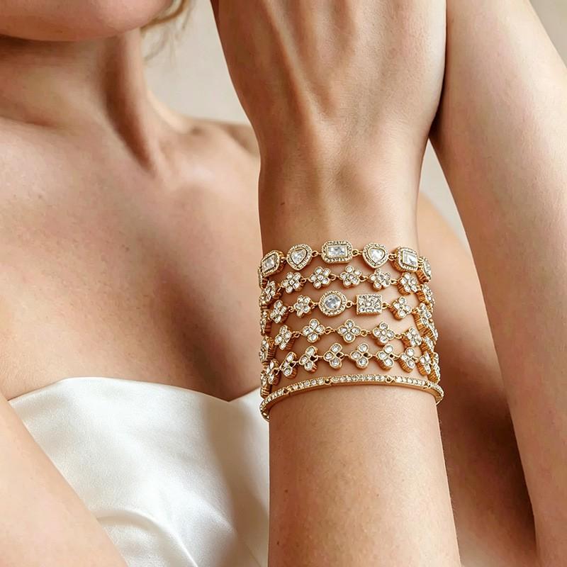 Elegant Multi-Layer Zirconia Crystal Bracelet Women Titanium Steel Geometric Design Gold Plated Fashionable Style