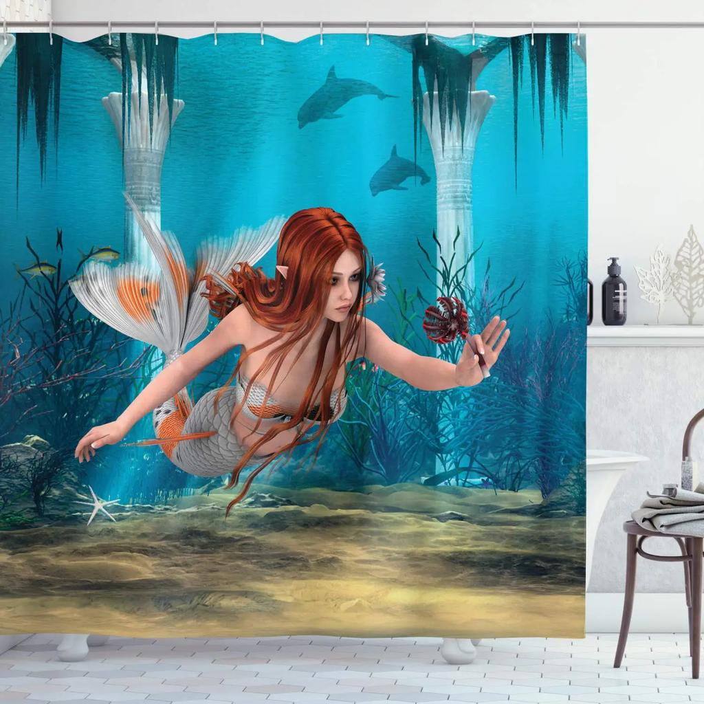Mermaid Shower Curtain Tail Fish Girls Kids Cartoon Ocean Heart Colorful Purple Hair Seaweed Bath Decor with Hooks Waterproof