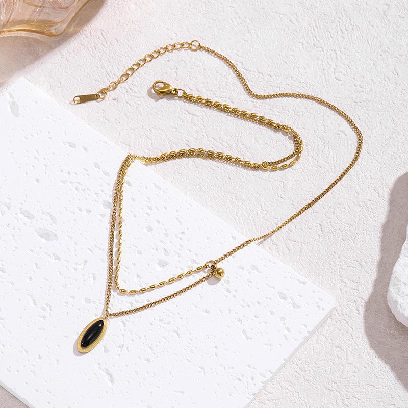 18K Retro Black Mirror European & American Oval Stainless Steel Necklace